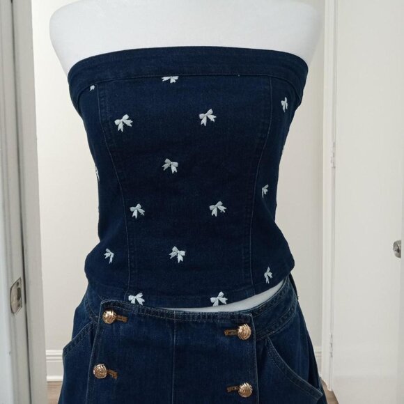 Navy denim tube top with bow embroidery - Picture 1 of 5